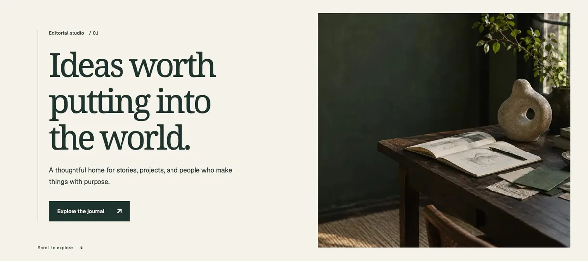 Fieldnotes demo showing an editorial introduction beside an interior photograph.