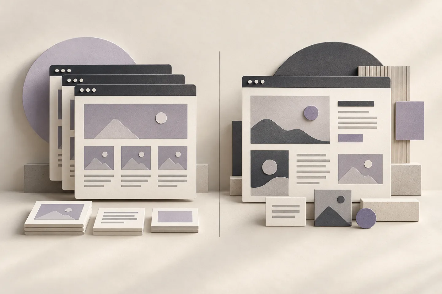 Modular website panels beside a bespoke page layout, illustrated in ivory and lavender.