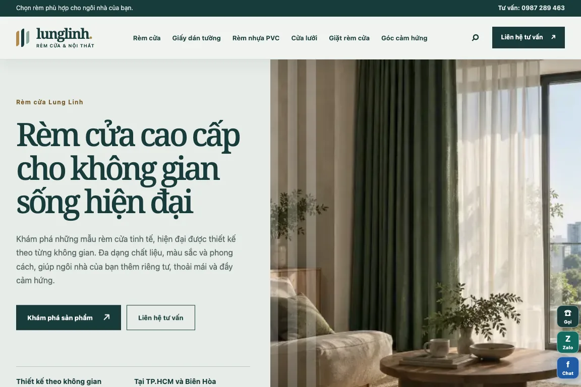 Lung Linh homepage with curtain photography and product navigation