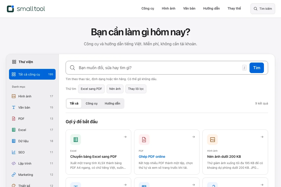 Smalltool’s Vietnamese utility directory with search, categories, and tool cards